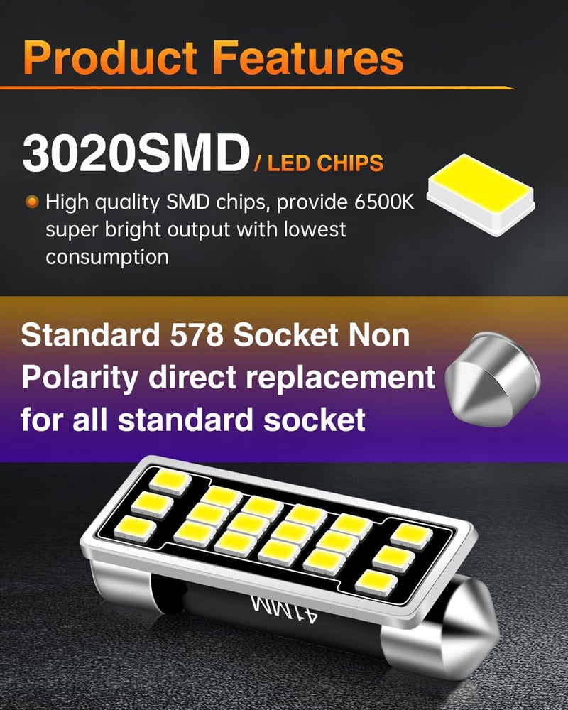 LUYED 569 578 211-2 212-2 LED Bulbs 1280 Lumens Extremely Bright 3020 18-EX Chipsets 1.6 inches 41mm LED Bulbs Used for Car Interior Map Dome Lights,Xenon White,Pack of 2 - Image 2
